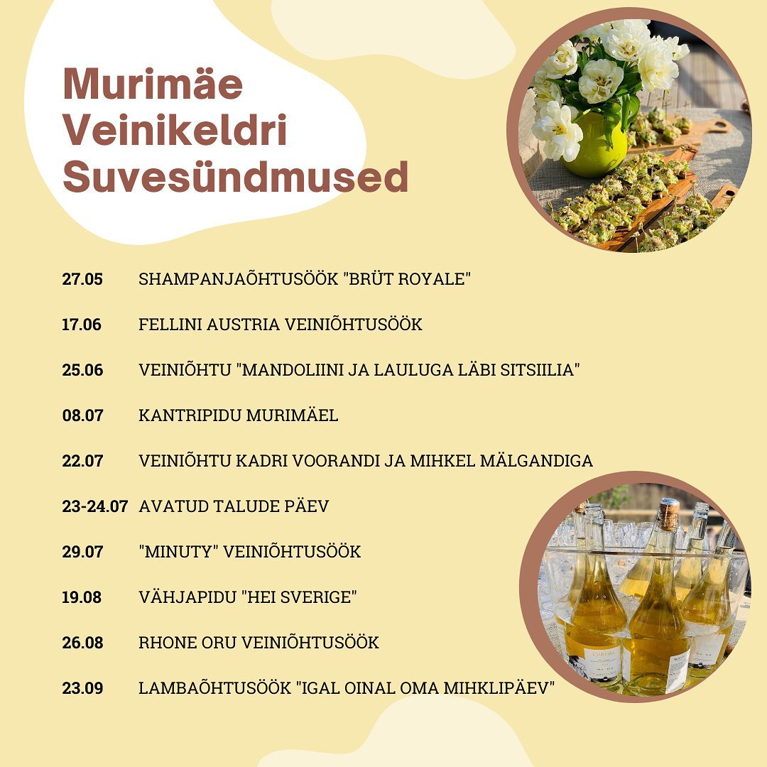 Hooaeg on alles alanud!😉 Palju vahvaid sündmusi ootab Teid ees!
Tule veeda üks mõnus päev Murimäel. Pakume maitsvat toitu ja head veini😋🍷
Suvesündmuste info leiad meie kodulehel https://murimaevein.ee/suvekohvik-ja-sundmused/
#suvesündmused
#veiniõhtusöögid
#murimaevein
#murimäeveinikelder
#visitvalgamaa
#estonianwinetrail
#agroturism
#eestisommeljeedeassotsiatsioon